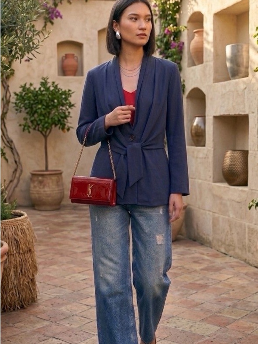 Wallis Navy Draped Blazer with Tie Detail